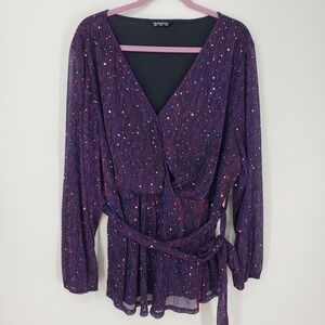 Bloomchic Faux Wrap Metallic Peplum Top Sz 26 Purple Sparkly Party Long Sleeve
